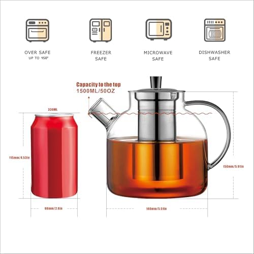 1500ml(50oz) Glass Teapot with Removable Infuser, Ehugos Stovetop Safe Large Tea Pot, Blooming and Loose Leaf Hand Crafted Kettle for Women and Adult with Stainless Infuser - Image 4