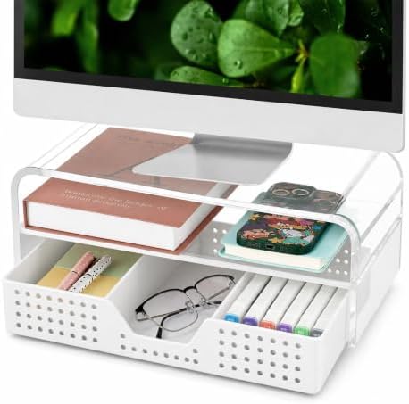OPNICE Desk Organizer and Accessories, 2-Tier Computer Monitor Stand Riser with Drawer and 2 Pen Holders, Laptop Stand, Office Desk Accessories for Office Supplies, Transparent by OPNICE