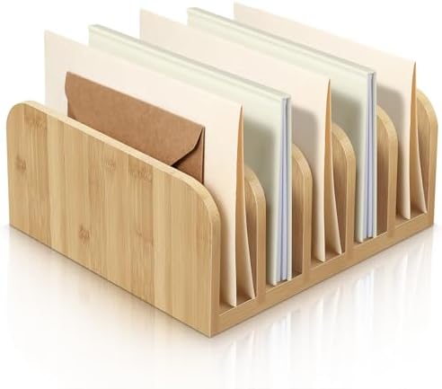 Lineshading Bamboo Letter Organizer, 5 Compartments Desk Mail Organizer, Desktop Envelope Holder and Letter Sorter, Countertop Paper File Holders with Anti Slip Mat for Home Office(Wood Color) by Lineshading