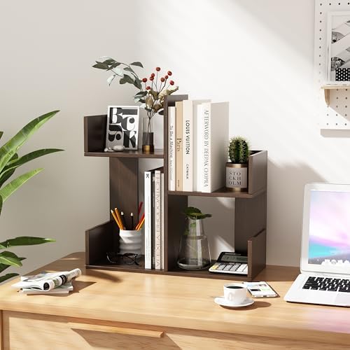 Modern 2-Tier Desk Bookshelf, Short Book Organizer, Display Shelf & Desktop Storage Rack, Space-Saving Desk Bookshelf for Books, Decor & Small Items, Brown - Image 6