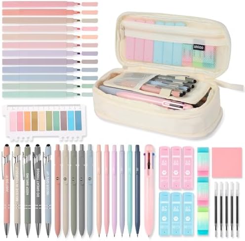 56 PCS Aesthetic School Supplies with Large Pencil Case, 5 Inspirational Ballpoint Pens, 12 Pastel Highlighters, 5 Black Ink Gel Pens, 6 Mechanical Pencils 0.5-0.7mm College Student Essentials (Beige) by Unknown