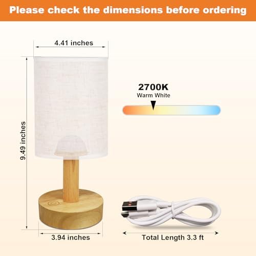 Small Cordless Rechargeable Table Lamp, Touch Control Dimmable 2700K Warm Light, Natural Wood Base Linen Shade for Bedroom Dorm Nightstand - Image 4