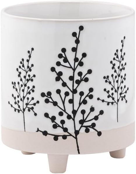 Napco Imports Decorative Home or Garden 4.75 x 4.75 Inch Indoor or Outdoor Footed Flower Pot Planter White and Beige Berry Spray by Napco
