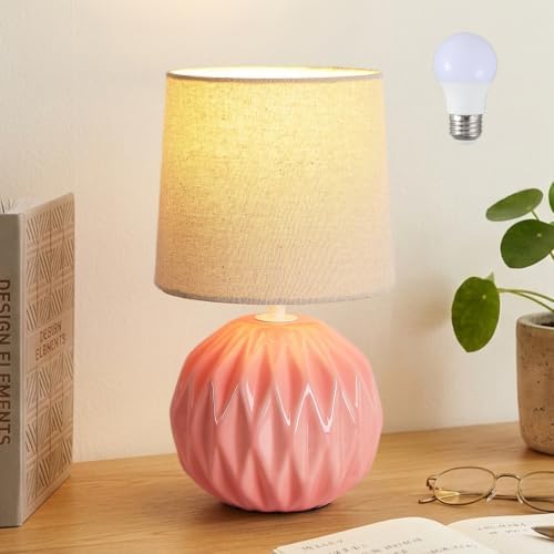 Pink Ceramic Table Lamp with Linen Shade, Small Bedside Lamp for Bedroom by Somniferous