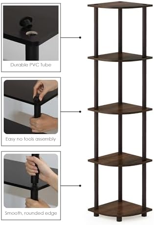 Furinno TURN-N-TUBE Corner Shelf, 5-Tier Corner Bookshelf, Open Storage Shelves, for Organization and Storage, Living Room, Home Office, Garage, Bedroom, Walnut - Image 6