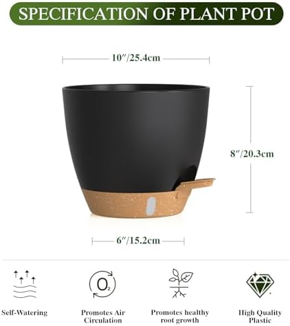 Self Watering Pots with Drainage Holes, 2 Pack 10 Inch Plant Pots with Water Level Indicator Deep Reservoir, Large Plastic Planter for Indoor Outdoor Plants - Black Brown - Image 2