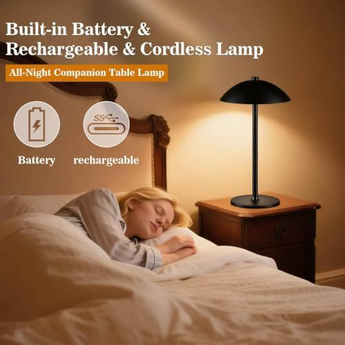 Cordless Metal Table Lamp, 3-Color Modes Vintage Mushroom Desk Lamp, Stepless Dimmable Nightlight with Touch Sensor, Matte Black Decorative Lighting for Bar Counter, Dining Room, Bedroom - Image 3