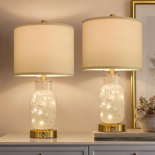 Oneach 22" Glass Table Lamps Set of 2 with Night Light for Bedroom, White - Image 5