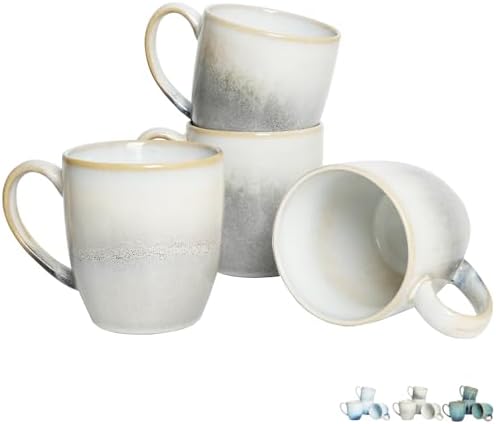 Bosmarlin Ceramic Coffee Mug Set of 4, 17 Oz, Coffee Cups with Big Handle, Microwave Safe, Unique Reactive Glaze (17 Oz, Grey White) by Bosmarlin
