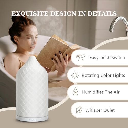 Essential Oil Diffuser for Home, Ceramic Aromatherapy Diffuser for Essential Oils, 120ml Oil Diffuser with Waterless Auto-Off and 7 LED Lights for Large Room Yoga Spa (White) - Image 5
