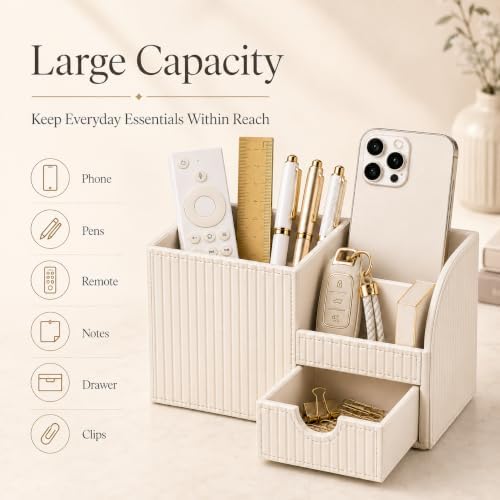 KINGFOM Luxury PU Leather Desk Organizer with Drawer, Modern Aesthetic Office Desk Accessories for Women, Multi-Compartment Pen Holder & Desktop Storage Organizer for Home Office, Cream White - Image 3
