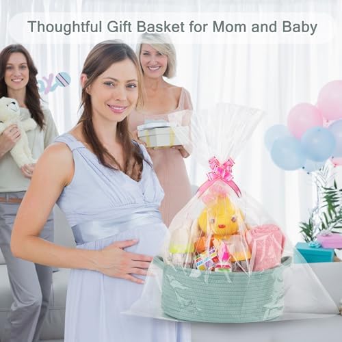 COMSE Empty Small Gift Basket with Bag & Ribbons, Light Green - Image 3