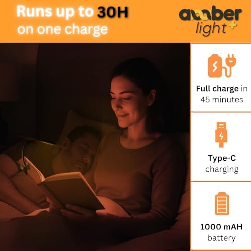 Amber Light + Giftable Amber Book Light - Blue Light Blocking - Night Reading Booklight Store. Rechargeable. 1600K for Reading in Bed at Night. Perfect as a Giftable Kindle Light and LED Book Light. - Image 4