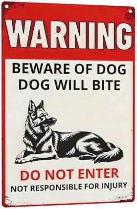 Warning Beware Of Dog Sign Dog Will Bite German Shepherd Aluminum Metal Tin Signs Outdoor Yard Sign Warning Sign For Fence Yard Home Kitchen Farm Garden Wall Decor 8x12 Inch by C-CHAIN