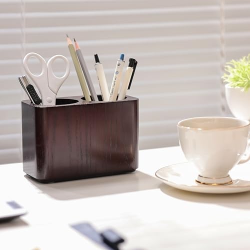 Oak Solid Wood Pen &Pencil Holder for Desk, Office Stationery Organizer, Table Pencil Cup Stand,Desk Accessories Holder, Two Cups Practical Design. (Espresso) - Image 2