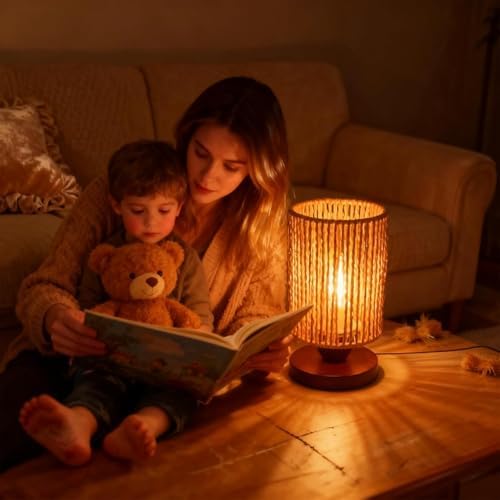 Handmade Rattan Lamp Boho Table Lamp for Bedroom, Stepless Dimming Small Woven Lamps for Night Stands with Warm White LED Bulb, Coastal Boho Lamp for Living Room Reading Nook Office Desk - Image 5