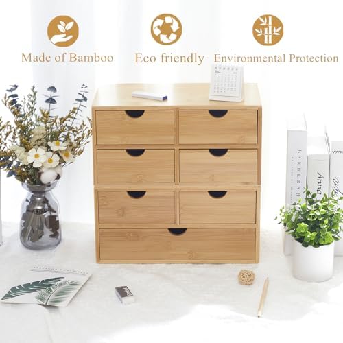 Bamboo Desk Organizer 4 Drawers, Countertop Organizer with Drawers Makeup Storage Drawer 4 Drawers Tabletop Storage Organization Box Home Office Workspace - Image 3