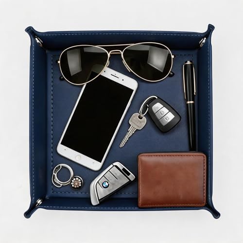 Valet Tray Desktop Storage Organizer – Vegan Leather Catchall Tray Bedside Vanity Tray Nightstand Caddy Holder for Remote Controller, Watch, Keys, Phone, Wallet, Coin, Jewelry, Navy - Image 4