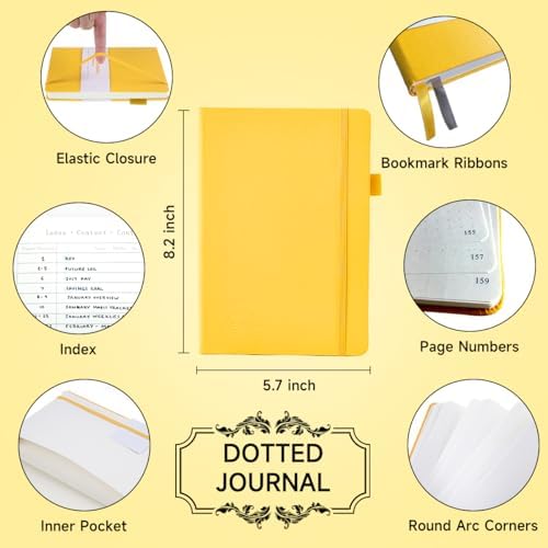 feela Dotted Journal Kit, Dot Grid Journal Hardcover Planner Notebook Set For Beginners Women Girls Note Taking with Journaling Supplies Stencils Stickers Pens Accessories, A5, 224 Pages, Yellow - Image 2