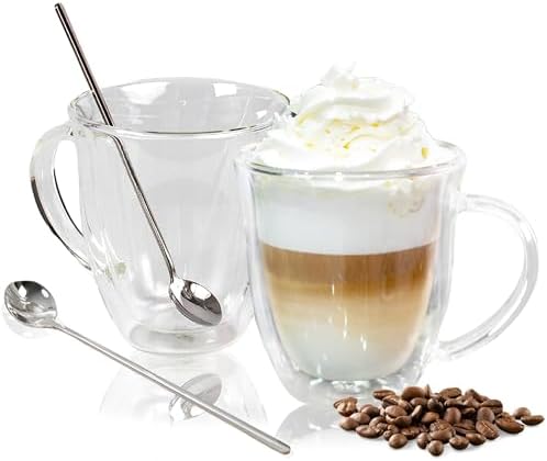 AYL Double Wall Clear Glass Coffee Mugs - 16 oz Insulated Clear Latte Mugs, Perfect for Espresso, Cappuccino, Latte, Tea - Elegant Glass Cups Set of 2 by AYL