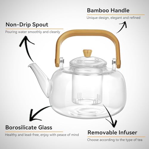 49OZ/1450ML Glass Teapot with Removable Infuser & Lid, Stovetop & Microwave Safe Clear Borosilicate Glass Tea Maker Water Kettle for Loose Leaf Blooming Tea - Image 2