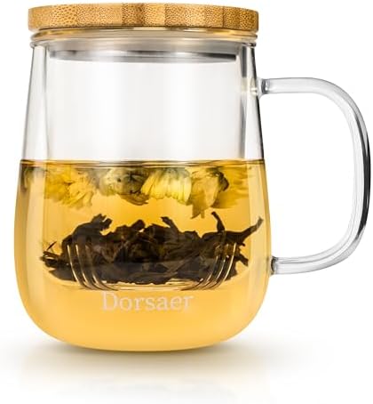 Glass Tea Mugs - 16.9oz Clear Glass Tea Cup with Infuser and Lid for Steeping at Home and Office by Dorsaer