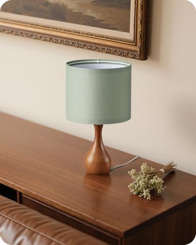 Green Table Lamp, 14.2" Small Bedside Lamp, Wood Table Lamp with Green Linen Lampshade & Dark Wood Base, Modern Nightstand Lamp for Bedroom, E26 Base, Bulb Not Included, LJ09TL05 - Image 6