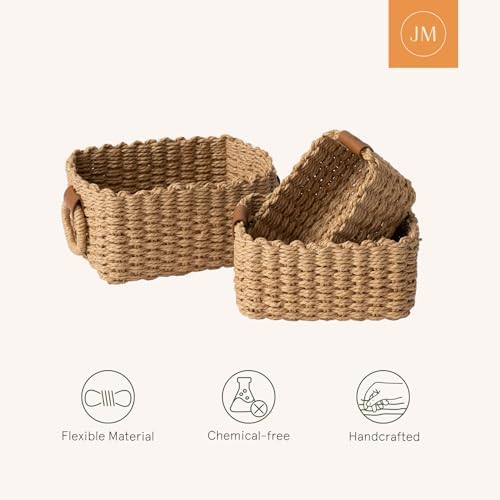 La Jolie Maison Small Sand Wicker Baskets Set of 3, Paper Rope Storage Baskets with Handle, Small Woven Baskets for Organizing, Decorative Cute Baskets for Gifts - Image 5