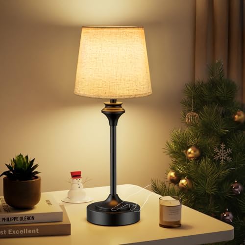 NIORSUN Portables Cordless Table Lamp,Flaxen Fabric Shade Battery Operated Lamp,5200mAh Bedside Table Lamp with Warm White,3 Way Dimmable Touch Desk Lamp for Bedroom Living Room Restaurant (Black) by NIORSUN
