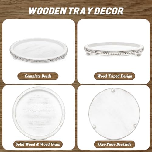 Handmade 12 Inch Decorative Tray, Small Beaded Tray Coffee Table Decor, White Washed Round Wooden Tray for Coffee Table, Dining Room Table Entryway and Living Room - Image 6