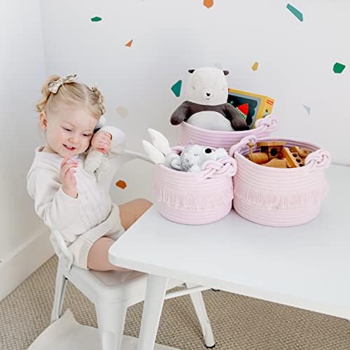 NaturalCozy 3-Piece Decorative Storage Basket Set – Pink Cotton Rope Small Woven Baskets for Organizing for Nursery Baby Stuff, Gift, Vanity, Montessori, Dog Cat Toy Bin, Planter, Bathroom Shelves - Image 4