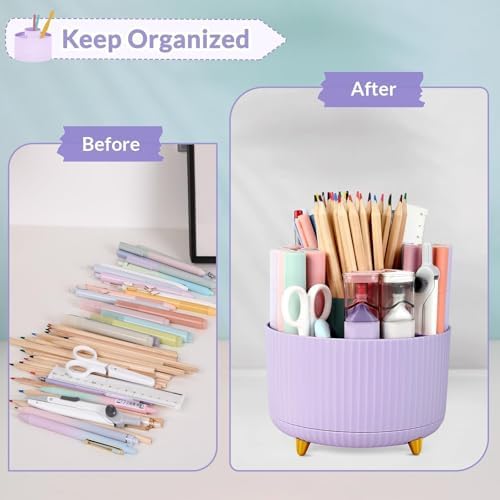SKYDUE 360 Rotating Purple Pen & Art Supply Organizer - 5 Slot Desk Organizer for Office, School, Home - Image 4