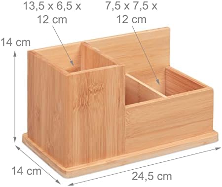 Relaxdays Bamboo Pencil Holder, Organiser for Desk, Bathroom and Office, 3 Compartments, Pen Box H x D: 14 x 24.5 x 14 cm, Natural, 90% 10% fibreboard, 14 x 24,5 x 14 cm - Image 4