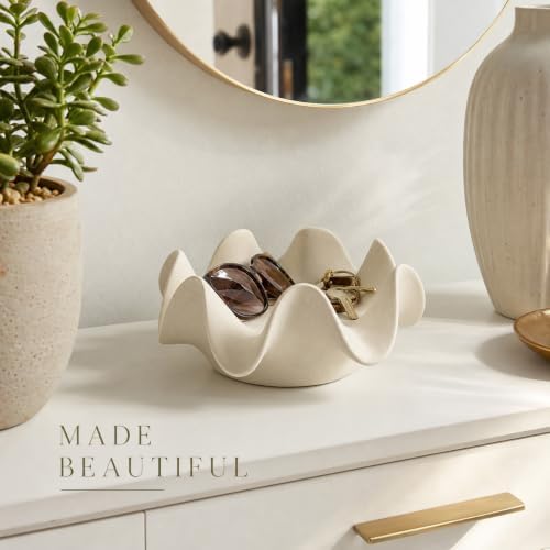 Off White Matte Scalloped Ceramic Decorative Bowl 7.8x2.9In Key Dish Bowl For Entryway Table Sand Candle Display Bowl Coffee Table Shelf Home Decor Trinket Candy Storage Gift - Image 4