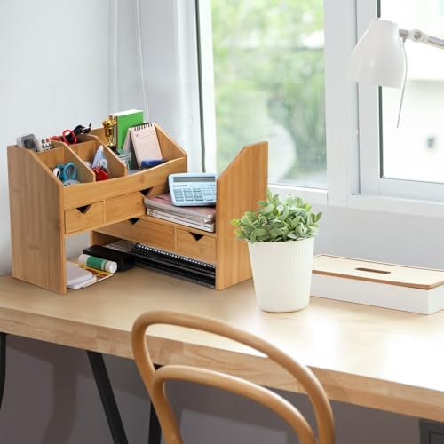 Lawei Bamboo Desk Organizer with Adjustable File Holder, Mini Desk Drawer Tabletop Organization Box with 4 Drawers for Makeup, Letter, Pens, Home Office Supplies, Vanity, 3 Layer, Fully Assembled - Image 2