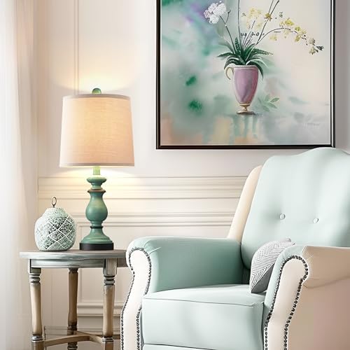 PARTPHONER Traditional Table Lamp Set of 2, Rustic Farmhouse Table Lamps for Living Room Bedroom, 22" Bedside Desk Lamps Vintage Nightstand Lamps with Linen Shades, Green - Image 5