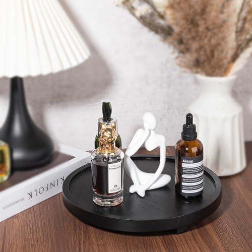 Round Decorative Tray Wood Bathroom Counter Organizer Farmhouse Kitchen Decor Wooden Riser for Soap Dish, Perfume, Candle, Sponge, 10" - Black - Image 2