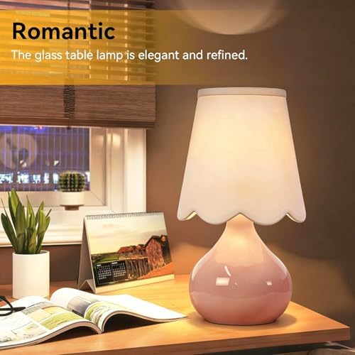 ILLMTW Pink Table Lamp Set of 2,Small Gold Bedside Lamps Dimmable Boho Bedroom Lamp with Tulip Flower Glass Lamp Shade,Vintage Mid Century Modern Mini Nightstand Lamp for Bedroom Living Room - Image 3