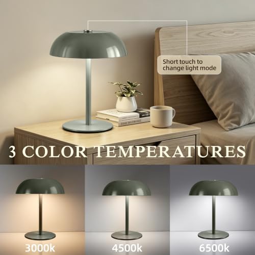 2 Pack Portable LED Mushroom Table Lamp, 12H Cordless Metal Night Light with Rechargeable Battery, Stepless Dimmable 3 Colors Desk Lamp for Bedroom Bar Coffee Shop(Green) - Image 2