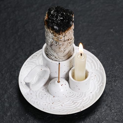 4 in 1 Ceramic Incense Burner Holder with Handle for Burning Sage, Palo Santo Stick, Joss Sticks, Candle in Your New House, Office, Yoga, Meditation Room (White) - Image 3