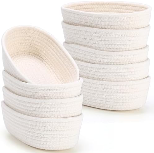 Yinkin 12 Pack Small Storage Basket Cute Natural Cotton Rope Woven Basket Tiny Boho Decorative Toy Storage Bin Gift Baskets for Home Organizing, Closet, Shelf, Nursery, Bathroom(Oval,Beige) by Yinkin