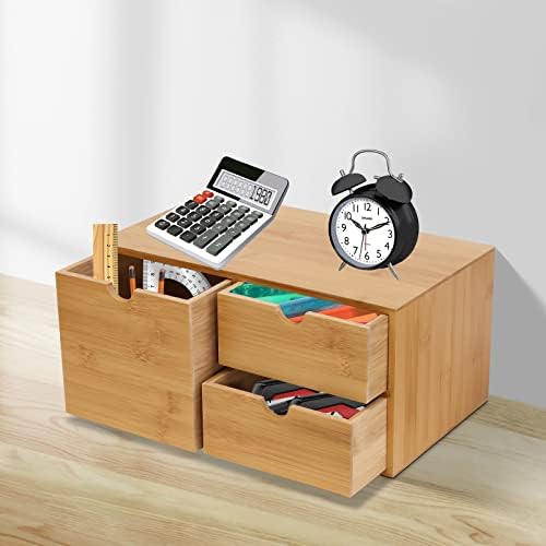 Bamboo Desk Organizer Small Retro Bamboo Tabletop Storage Box with Drawers& Recess Handles for Office Home Supplies Table Storage Collector 13 * 7.5 * 6in (3 Drawers/1 Left&2 Right) - Image 4