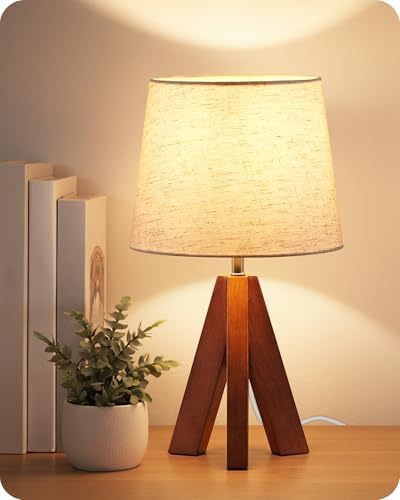 Tripod Table Lamp, 14.6 Inch Small Bedside Lamp with Beige Linen Shade, Modern Nightstand Lamp for Bedroom, Kids Room, Living Room, Nursery, Office, E26 Socket, Dark Wood Base, LE51TL05 by GOEBLESON