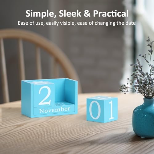 Wooden Block Calendar for Desk, Large Size Daily Desktop Perpetual Desk Calendar, Cute Date Display Desk Accessories for Home Office Decor, Teacher, Classroom, Reusable Yearly, Blue - Image 5