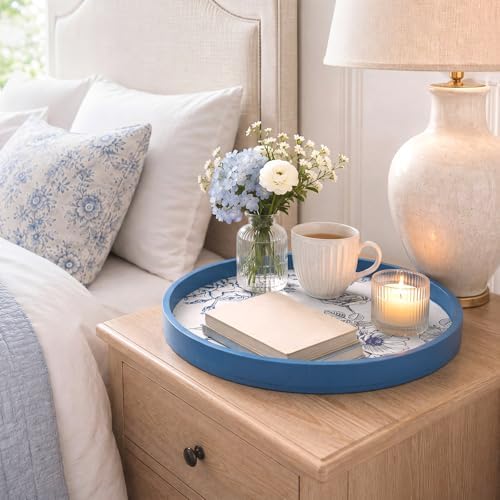 Novabright Blue Wooden Serving Tray, 11.8" Round Chinoiserie - Image 5