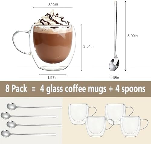 DINGPAI 4 Pack Double Wall Glass Coffee Mugs, 8oz Borosilicate Glass Mug - Image 2