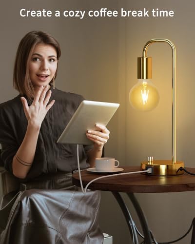ONEWISH Industrial Table Lamp with 2 USB Port, Stepless Dimmable Nightstand Bedside Lamps for Bedroom,Desk Lamps with 2700K Gold Gradient Bulb for Reading Living Room - Image 5