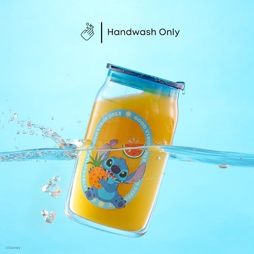 JoyJolt Disney Stitch Island Vibes Glass Tumblers with Lids and Straws, 16oz Glass Cups with Lids and Straws, Can Shaped Drinking Glasses Set of 4, Stitch Stuff, Disney Gifts for Adults - Image 6