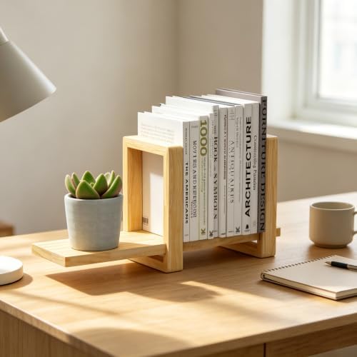 100% Solid Wood Adjustable Desktop Bookshelf, Retro Tabletop Bookshelf, Desk Shelf Living Room, Home, Office, Perfect for Magazine, Books, Cookbooks, No Tools Required to Assemble - Image 4