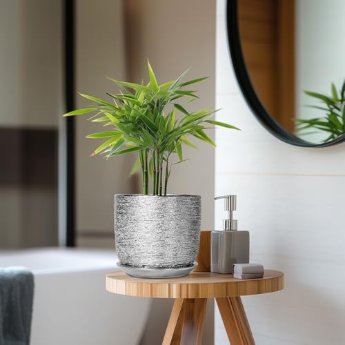 Ceramic Flower Pot - 7 Inch Ceramic Plant Pot for Indoor Flowers, Modern Outdoor Round Planter with Drainage Hole and Saucer, Gifts for Plant Lovers, Home Garden Decor, Silver - Image 7